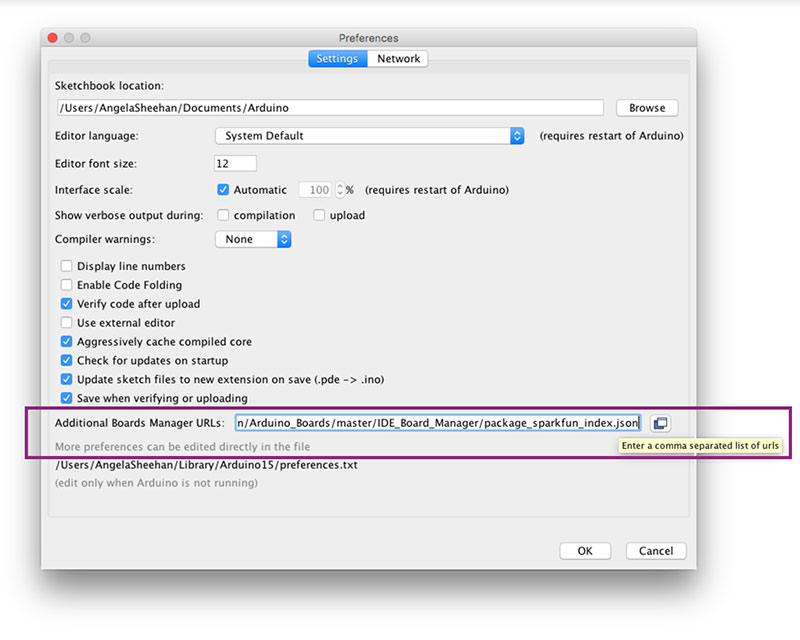 paste into &ldquo;Additional Boards Manager URLs&rdquo; text box