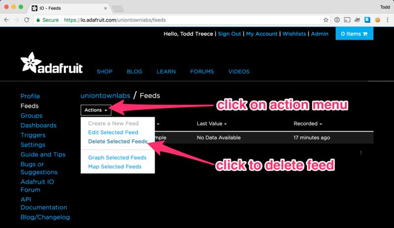 Click on Action Menu > Click to Delete Feed